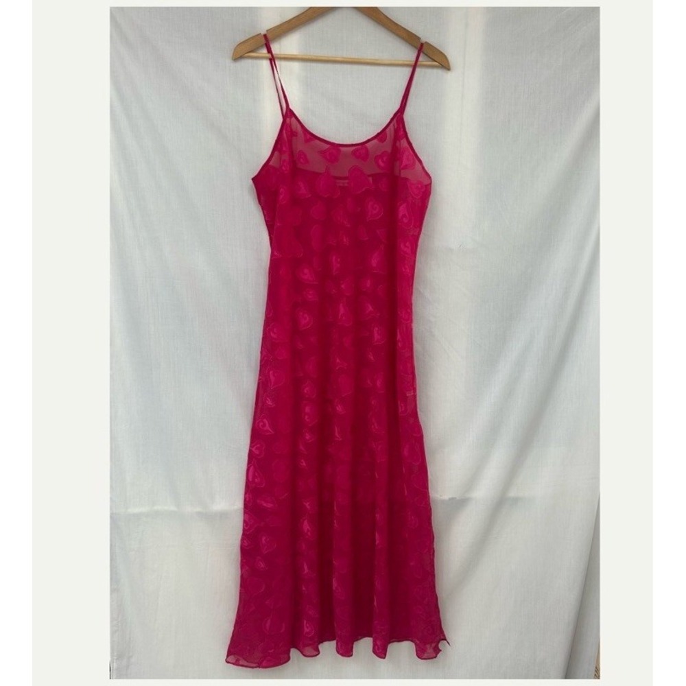 VTG Y2K Victoria's Secret Long Pink Heart Print Sheer Slip Dress Lingerie Sz L
